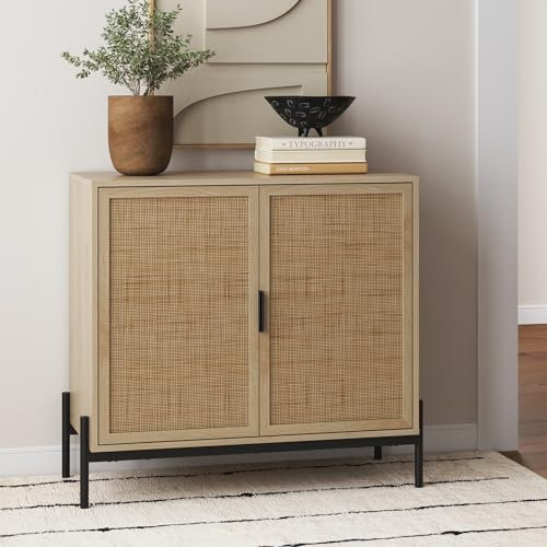 Nathan James Andrew Bohemian Entryway Storage Cabinet or Kitchen Sideboard Credenza, Rattan Accent Cabinet with Metal Legs, Light Oak/Matte Black