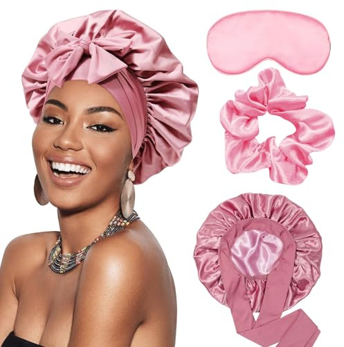 Hpbaggy Ensemble de bonnet de nuit en satin pour femme, bonnet de nuit en satin, bonnet de nuit, masque en corde à cheveux, bonnet en soie réglable, Rose, Taille unique