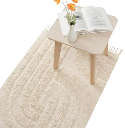 HOMELEVEL Alfombra Boho - 80x150 cm - Beige - Antideslizante - Lavable - Algodón Natural