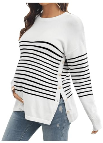 BEAUDRM Women's Striped Button Detail Crew Neck Maternity Nursing Sweater Long Sleeve Pullover Tops Black and White Large