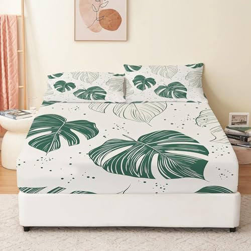 Spannbettlaken 140 x 200 cm Handgezeichnete Pflanze Monstera Muster Spannbetttuch Weiche Polyester-Mikrofaser Boxspringbett Bettlaken geeignet für Matratzen von 30 cm Grün