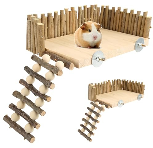 LEKEFETO Hamster Kletterplattform aus Holz mit Leiter – Robuster Haustierspielplatz für Kleintiere wie Hamster, Goldhamster und Mäuse – Einfache Montage mit Schrauben