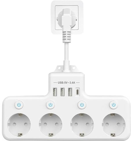 CLIUNT Steckdosenleiste mit USB, 4 Fach Mehrfachsteckdose Mit Einzelschalte mit 3 USB & 1 Type-C(5V 3.4A), Steckerleiste Steckdosenadapter für Büro, Hause und Reisen