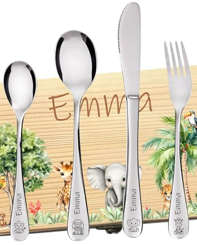 DEschenk Cubiertos Para Llevar - Cubiertos Bebe y Cubiertos Infantiles Personalizados para Niños - Diseño Único y Práctico para Aventuras Diarias (Juego de safari)