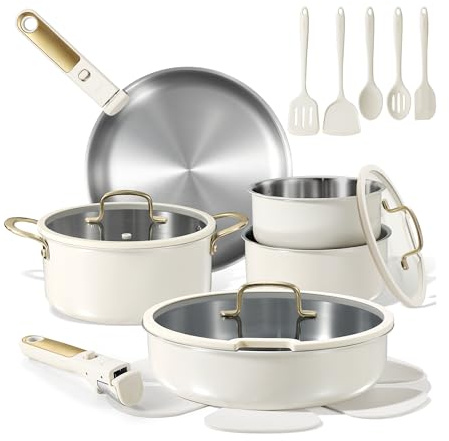 CAROTE 19pcs Tri-Ply Stainless Steel Cookware Set with Detachable Handle, Pots and Pans Set, Induction Kitchen Cooking Sets, RV/Camping Cookware, Outer Ceramic Layer, Oven Safe, Cream White