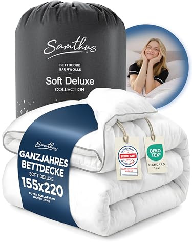 Samthus Premium Bettdecke 155x220cm - Oeko-Tex und Dermatest zertifizierte Ganzjahresdecke - kuschelige Schlafdecke Zudecke mit Aussenhülle aus 100% Baumwolle - weiche Steppdecke - Blanket Duvet