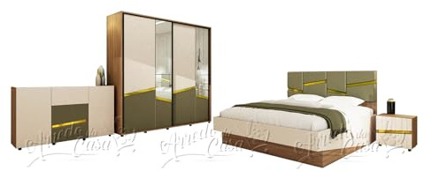 ARREDO DA CASA Camera Matrimoniale Completa con Letto Contenitore 160x200 cm, Sistema di Sollevamento, Comodini Integrati, Cassettiera e Armadio in Noce, Beige e Verde Oliva CDLU38 (Solo camera)
