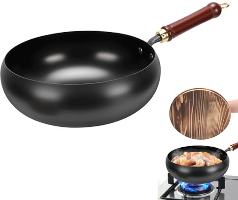 Gugxiom Poêle japonaise en fer avec couvercle en bois, 28 cm, sans revêtement, avec spatule, poêle wok en fonte forgée à la main pour cuisinières électriques/à induction/cuisinières à gaz (couvercle