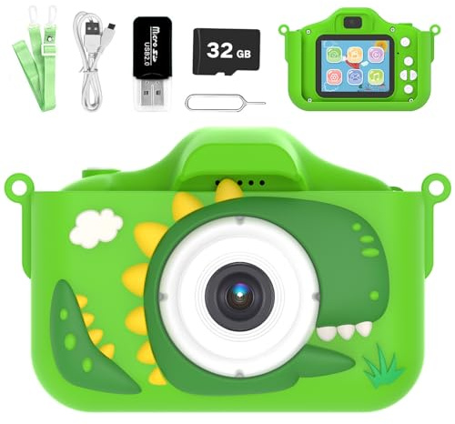 Kids Camera for 3-9 Year Old Boys Girls, Children Digital Camera with Cute Cartoon Soft Cover & 32GB SD Card, Best Christmas Birthday Gifts for Grandkids, Halloween Party Favors for Kids - Green