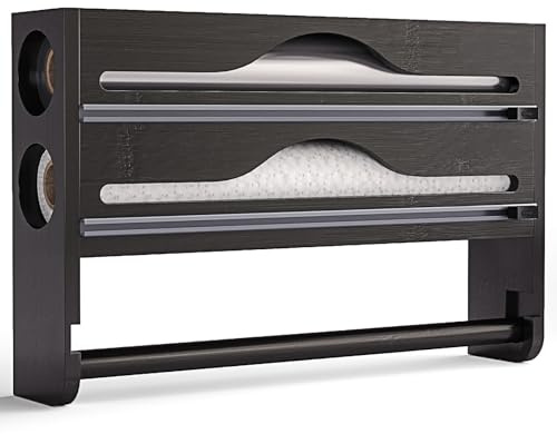 Dispensador de película de cocina 3 en 1, portarrollos de aluminio y película, soporte de pared o cajón para film transparente, aluminio y papel horno, organizador de cocina compacto
