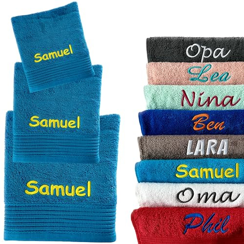 Schnoschi Handtuch 3er Set türkis 30 x 50 Gästehandtuch, 50 x 100 Duschhandtuch und 100 x 180 Saunahandtuch personalisiert mit Namen, Motiv oder Wunschtext Bestickt, 100% Baumwolle, 450 g/m²