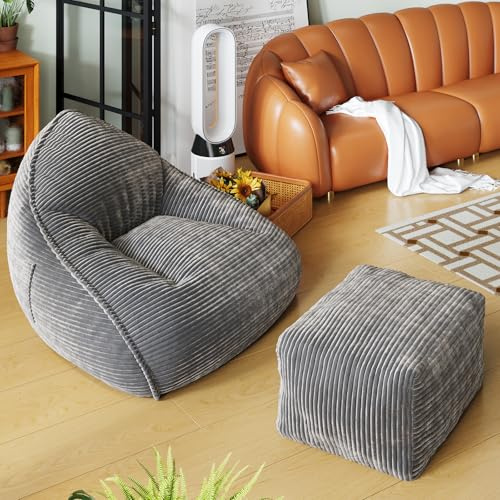Cloud Large Bean Bag Chair with Ottoman, Corduroy Fabric+35D Memory Foam Big Beanbag Chair for Adults,Lounger Chairs Sofa Boneless Puff Chair for Living Room, Bedroom,Balcony,Playroom(Gray)