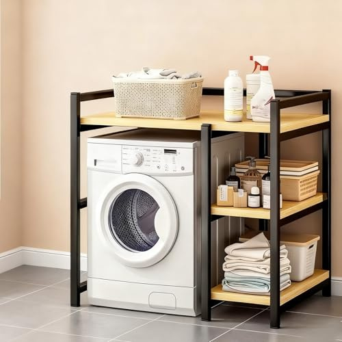 Soporte Secadora sobre Lavadora, Estantería Universal Lavadora Carga Frontal/Superior, Organizador Multinivel con Soporte Trasero en X y Patas Ajustables(Black,Roller Model-85cm/33.4in)