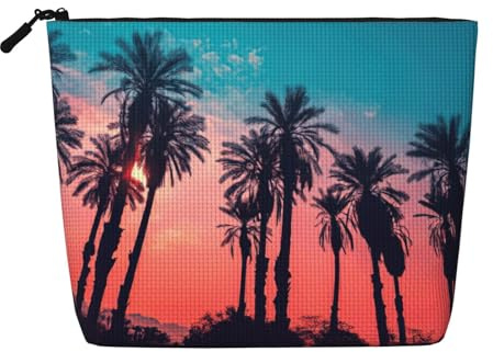 Palm Tree Sunset Travel Cosmetic Case Fake Hemp Large Capacity Zippered Bag Water Resistant Daily Organizer