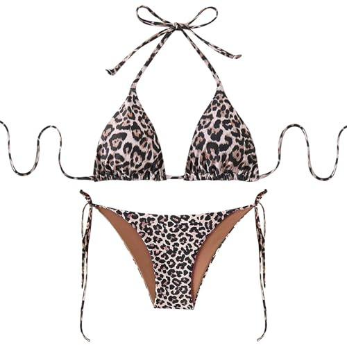 ZXTGBQ Women's Leopard Print Bikini Sets Two Piece Swimsuit Halter Triangle Tie Side Backless Sexy Leopard Bathing Suits Suit for Summer Beach, Pool, Holiday
