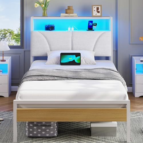 Brinlawb Single Bed Frame with Charging Station (2 AC Sockets, 1 USB‑A, 1 Type‑C Port) and LED Lights, 90x190 cm Stable Metal Bed Frame with Upholstered Headboard & 2-Tier Open Storage Shelves, White