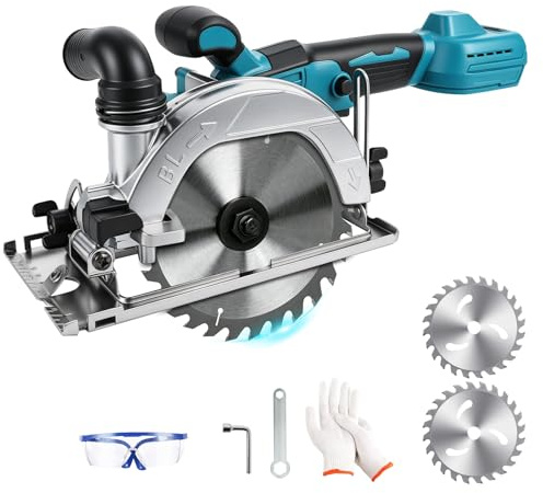 Batteridriven cirkelsåg kompatibel med Makita 18 V (utan batteri), borstlös, 6 900 varv/min, 150 mm sågblad, 51 mm skärdjup, 2 sågblad skyddsglasögon handskar för trä gör-det-själv byggplats