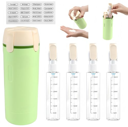 4-i-1 reseflaskor att fylla på – påfyllningsbar resedispenser, flaskor, pumpdispenser, schampoflaskor för fyllning, reseprylar, reseflaskor för schampo, lotion och balsam, grön