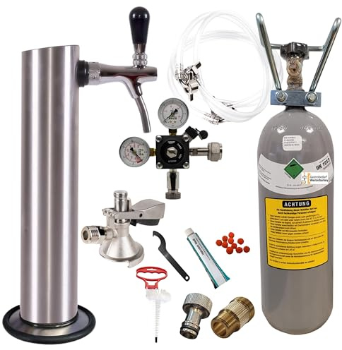 GDW Zapfgarnitur groß mit Flachkeg (A) Edelstahl Schanksäule,Co², Druckminderer, Schläuche & Reinigung