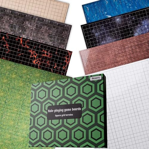 Hexers Role-Playing Game Board, Square Grid Terrains, 8 Different terrains, Dungeons and Dragons DND Pathfinder RPG Compatible, 27 on 23 inches, 1 inch Squares, Foldable & Dry Erase