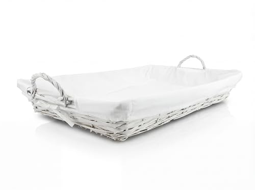 HERSIG - Cesta Capazo de Mimbre para Ropa Planchada con Forro Protector | Bandeja rectangular 60x40cm con forro textil lavable; Canastos para Colada Limpia y Organización de Armario con Asas - Blanco