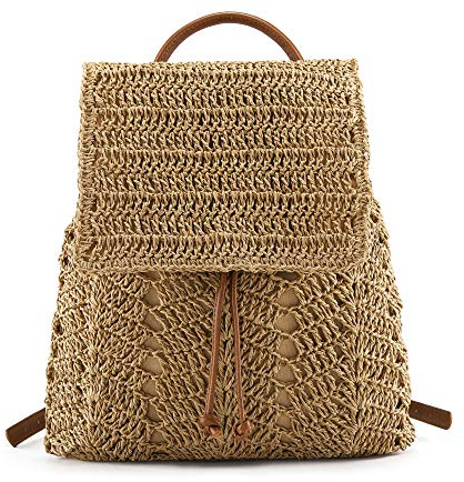 Faletony Damen Stroh Rucksack Strandtasche Stroh Handtasche mit Griff oben Badetasche Tagesrucksack Kordelzugbeutel für Strand Urlaub (Braun)