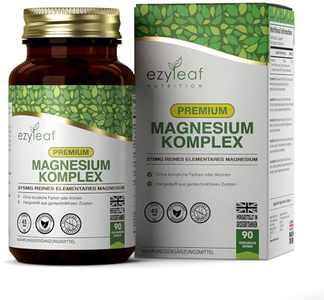 Ezyleaf Magnesium Hochdosiert Kapseln | 375mg Magnesium pro Portion | Magnesium-Glycinat, Magnesium-Malat & Magnesiumcitrat | 90 Vegane Kapseln | ISO-Zertifiziert, Allergen- & Glutenfrei | Aus GB