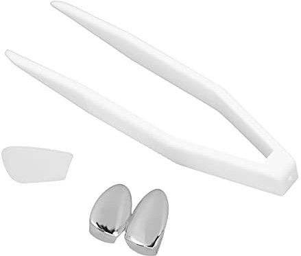 Sonew Messingüberzug Zahnspange, Modischer Metall Doppelzahn Dekoration Schmuck für Halloween Hip-Hop Street Party(Silber)