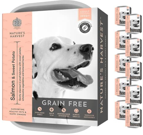 Natures Harvest - Complete Natural Wet Dog Food - Grain Free Salmon and Sweet Potato Food (10 x 395g) Trays 1-7 years For Fussy Eaters & Sensitive Stomachs - Hypoallergenic Allergy Free Dog Food
