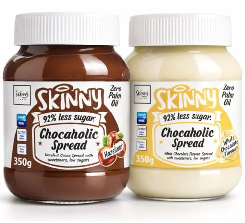 Skinny Food Low Sugar Chocolate Hazelnut Spread & White Chocolate Spread Duo 350g Each – 92% Less Sugar, No Palm Oil, Vegetarian, Sweet Spread Healthy Chocolate Alternative Pancakes, Snacks & Baking