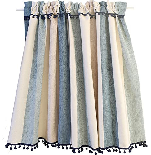 A.Monamour Tenda da cucina corta per piccola finestra, oscura, blu, beige, a righe, tenda frangibite, tende a disco, pannelli mantovani, mezze tende, passapasta per bistrò, caffè