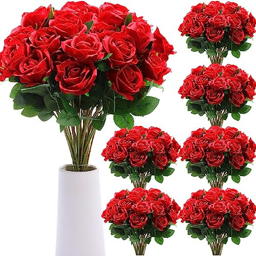 Retrowavy 200 Stück künstliche Rosen, große künstliche Seidenrosen, Blumenstrauß mit langen Stielen, realistische künstliche Rosen, für Hochzeitsarrangement, Zuhause, Tischdekorationen (rot)