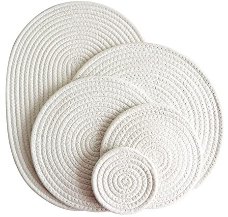 4er Set Platzsets Rund Geflochten Tischset, Boho Rund Platzset Tischsets Waschbar Platzteller Hitzebeständig für Küche Partz Hochzeit Platzdeckchen (Reisweiß,18cm)