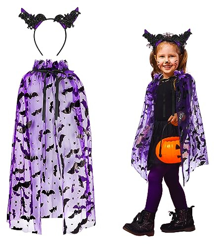Costume Chauve Souris Enfant 2 Pièces, Cape en Tulle Violette et Serre-Tête Halloween, Déguisement Chauve Souris pour Fête de Cosplay Carnaval