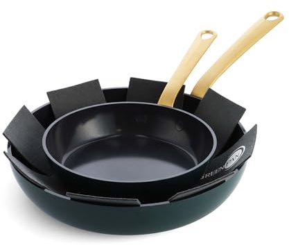 GreenPan Craft Healthy Ceramic Non-Stick 2-Piece Frying Pan Skillet Set with Pan Protector, 20 cm & 28 cm, Egg Pan, PFAS-Free,Metal Safe,Gold Stainless Steel Handle,Induction Suitable,Oven Safe,Black
