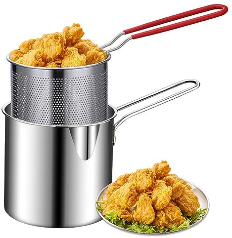 Deep Fryers, Deep Fryer Pot with Basket 2Pcs/Set 1200ml Handled Stainless Steel Chip Pan Uncoated Mirror Polished Brushed Frying Pots for French Fries Fish Chicken Wings