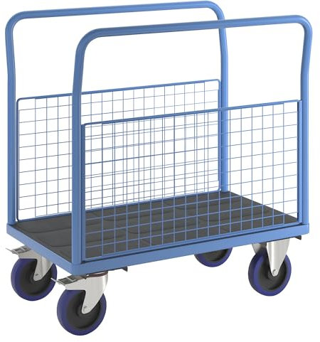 eurokraft | Plattformwagen mit Gitterwänden | Vollelastik-Rollen | 2 hohe Gitter-Seitenwände | LxB 1050 x 620 mm