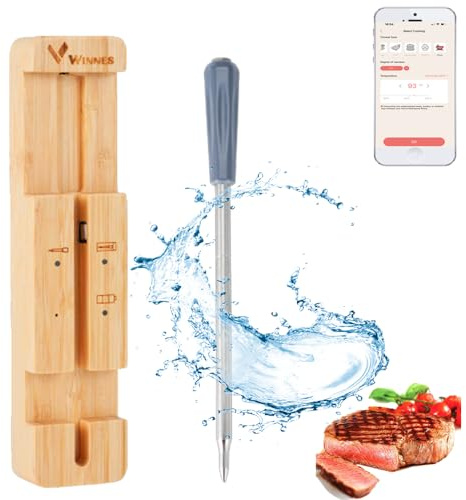 Winnes Termometro wireless per carne Bluetooth, termometro per carne impermeabile IPX7 per il monitoraggio remoto di griglie, forni, bistecche, padelle e altro tramite un'app mobile.
