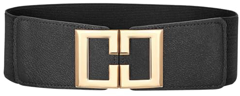 Wide Elastic Belts for Women Dresses Fashion Stretchy Waist Belt with Gold Buckle (Black)
