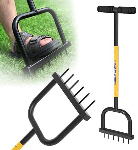 JouZYA Lawn Aerator Tool, Lawn Aerator with six 6mm Extra-Large Spikes, Clears Leaves and Dirt, Metal Hand Aerator for loosening Soil, aerates Patio and Garden