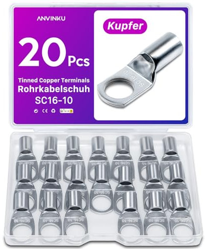 20 Pcs Battery Terminal Connectors, ANVINKU Battery Cable Connectors SC16-10 Battery Terminals, Heavy Duty Copper Battery Lugs, SC Ring Terminals for Car, Cable Lugs, Wire Terminals Crimp Connector