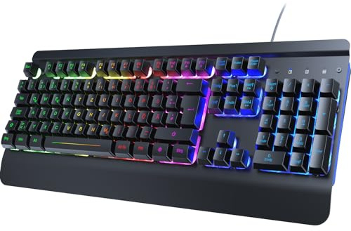 Gaming Tastatur QWERTZ, Handballenauflage Beleuchtet Tastatur mit Kabel USB