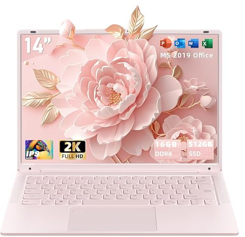 Fsjun 14.1'' Pink Laptop Computer, N150 CPU (Up to 3.6 Ghz), 16G RAM, 512GB SSD, 2K UHD (2160 * 1440) IPS Display, Webcam, WiFi, Backlit KB, 6000MAh Battery, Portable Notebook for Student