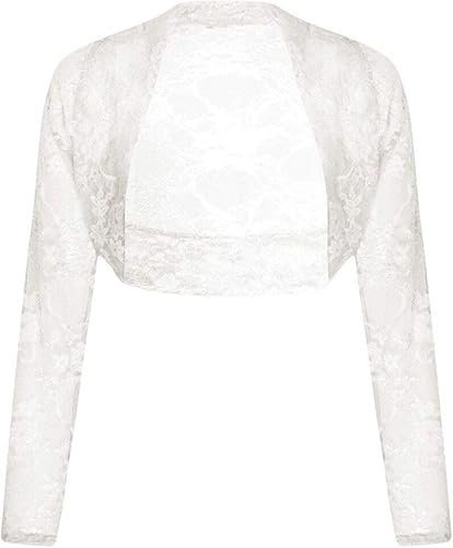 Party HuB Womens Open Front Cropped Lace Bolero Shrug Ladies Long Sleeve Oversized Stretchy Lace Sheer Open Cardigan White