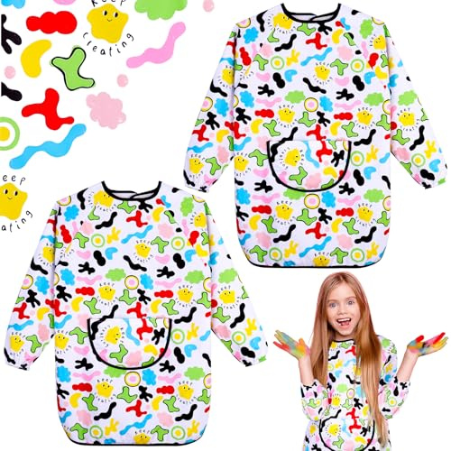 2Pcs Kids Art Aprons for Age 7-12 Years Girls Boys,Waterproof Graffiti Painting Aprons Long Sleeves with Pockets,Kids Painting Smock Toddler Children,Play Apron for Painting,Craft,School,Colorful