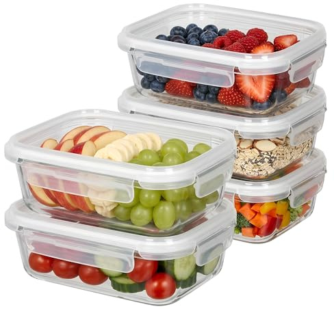 Harbour Housewares Glass Containers with Airtight Lids - 5 Pack - 1040ml Lunch Box Tubs BPA-Free Meal Prep Containers Reusable Leak Proof Food Storage Tubs, Oven Safe, Freezer Safe