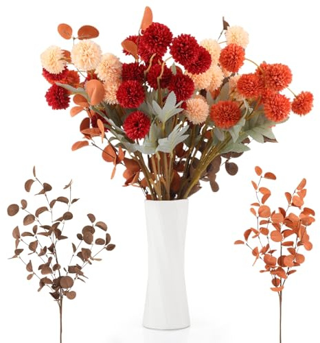SWEWARM 10 Stems Artificial Kiku Flowers with 2 Eucalyptus Leaves, Fall Faux Silk Flower Arrangements for Home Wedding Table Centerpieces Vase Decor, Red Orange Yellow Bouquet, 53–55 cm