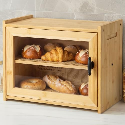 Verdenu Boîte à Pain Bois en Bambou Naturel, avec Fenêtre en Acrylique Transparente, et Poignée Métallique, Grande Capacité à Double Niveau