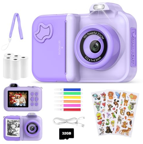 JoJoego Appareil Photo Instantané Enfant, 2.4 Écran 12 MP Appareil Photo Enfant, 1080P HD Double Caméra, Mode Selfie, 32GB Carte, 5 Roll Papier d'impression, Cadeau pour Enfants de 3-12 Ans, Violet