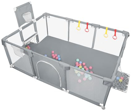 XUANYU Laufgitter aus Oxford-Stoff, 180 x 120 x 66 cm, Spielgitter mit Barrieren, 4 Griffringen, 8 Saugnäpfen, 50 kleine Bälle und Basketballkorb, Indoor-Aktivitätszentrum (Grau A)